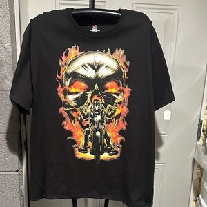 Black Graphic T-Shirt with Skull and Flames